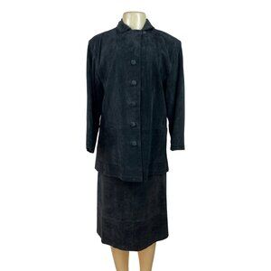Vintage Stan Herman Black Suede Two-Piece Skirt Set Jacket & Midi Skirt Size L